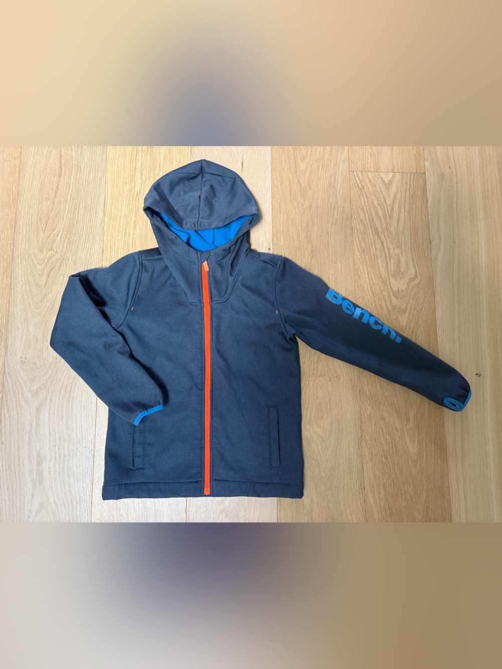 Bench Kids Hooded Sweatshirt in Navy with Orange Zip and Blue Accents